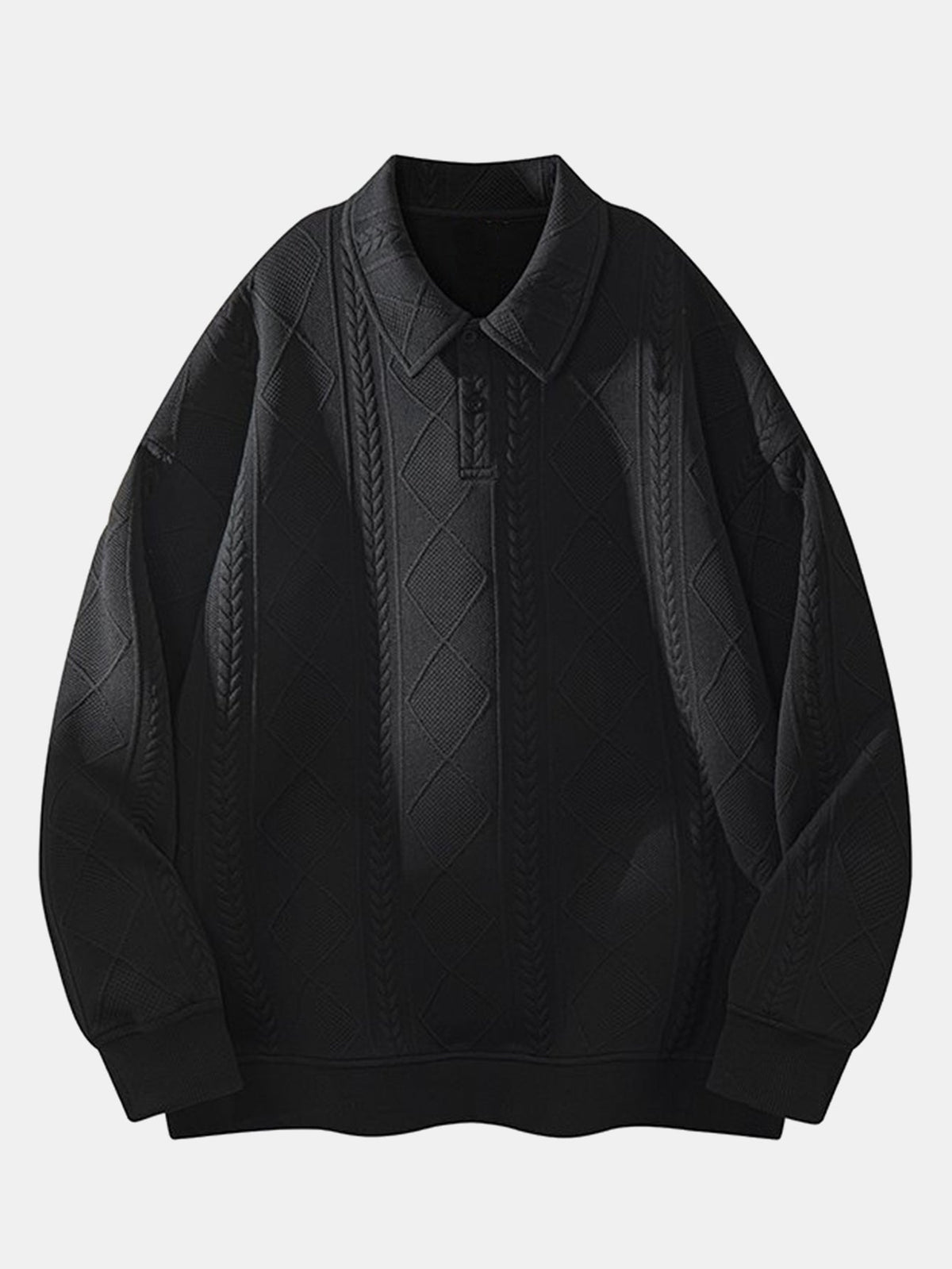 Bluză sport bărbătească cu guler polo și jacquard geometric cu model texturat în romburi – Croială lejeră, model smart casual cu mâneci lungi, de purtat zi de zi