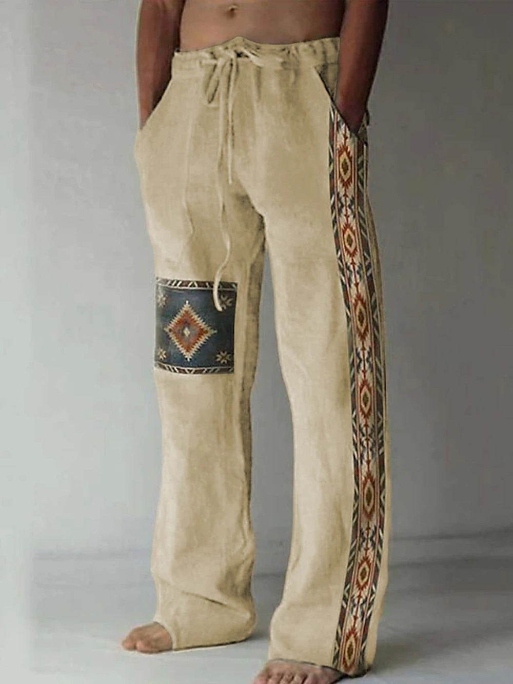 Men’s Patchwork Cotton-Linen Trousers – Relaxed Drawstring Pants for Casual Summer Wear