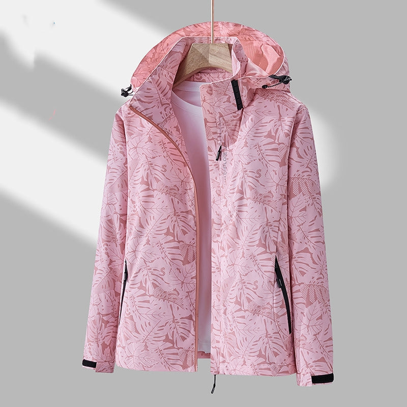 Women's Lightweight Hooded Outdoor Jacket with Printed Design and Adjustable Drawstring Hood – Relaxed Fit Zip-Up Wind Resistant Casual Outerwear with Practical Pockets for Spring and Autumn Walking and Travel