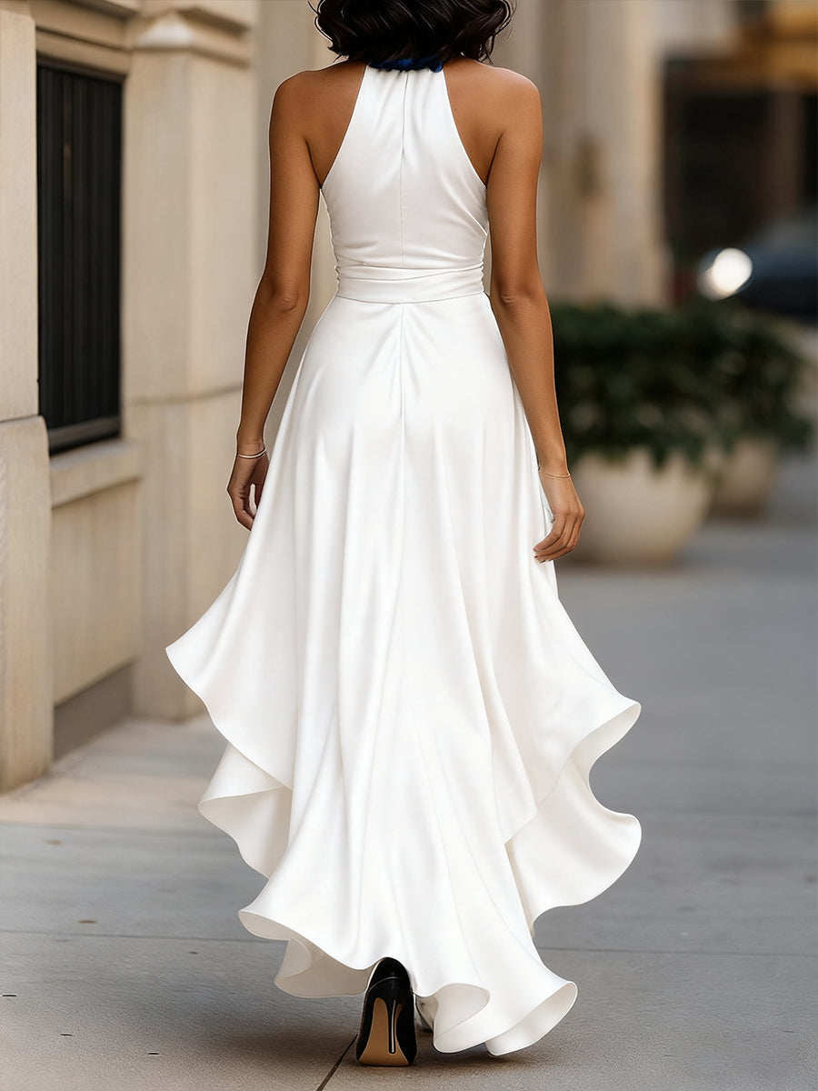 Women’s Satin Halter Evening Dress – Ruched High-Low Maxi Gown with Draped Waist for Weddings Galas and Formal Events
