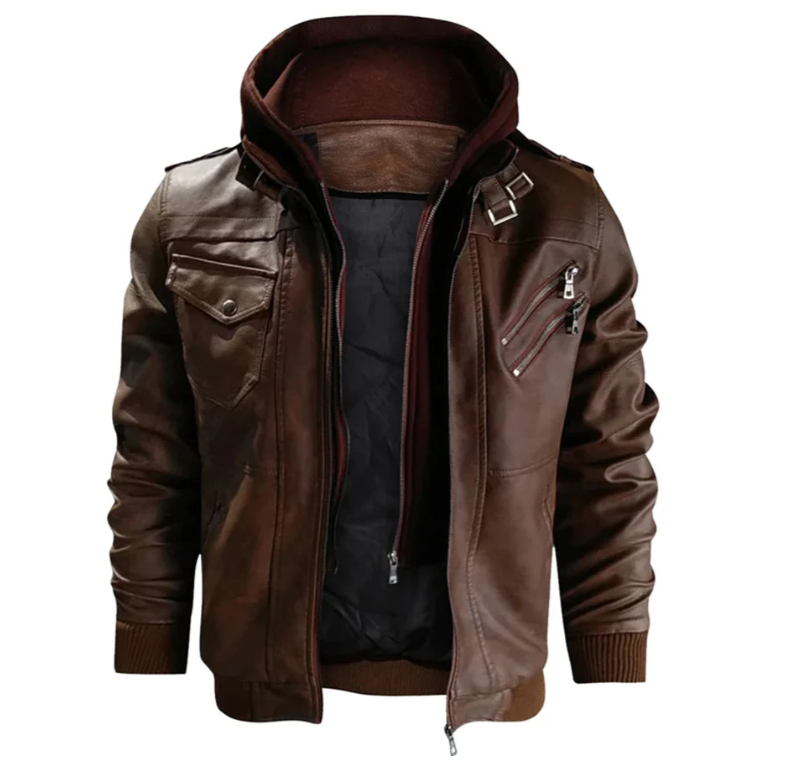Herren-Lederjacke mit Kapuze und Utility-Design – Mehrtaschen-Schicht für den Alltag