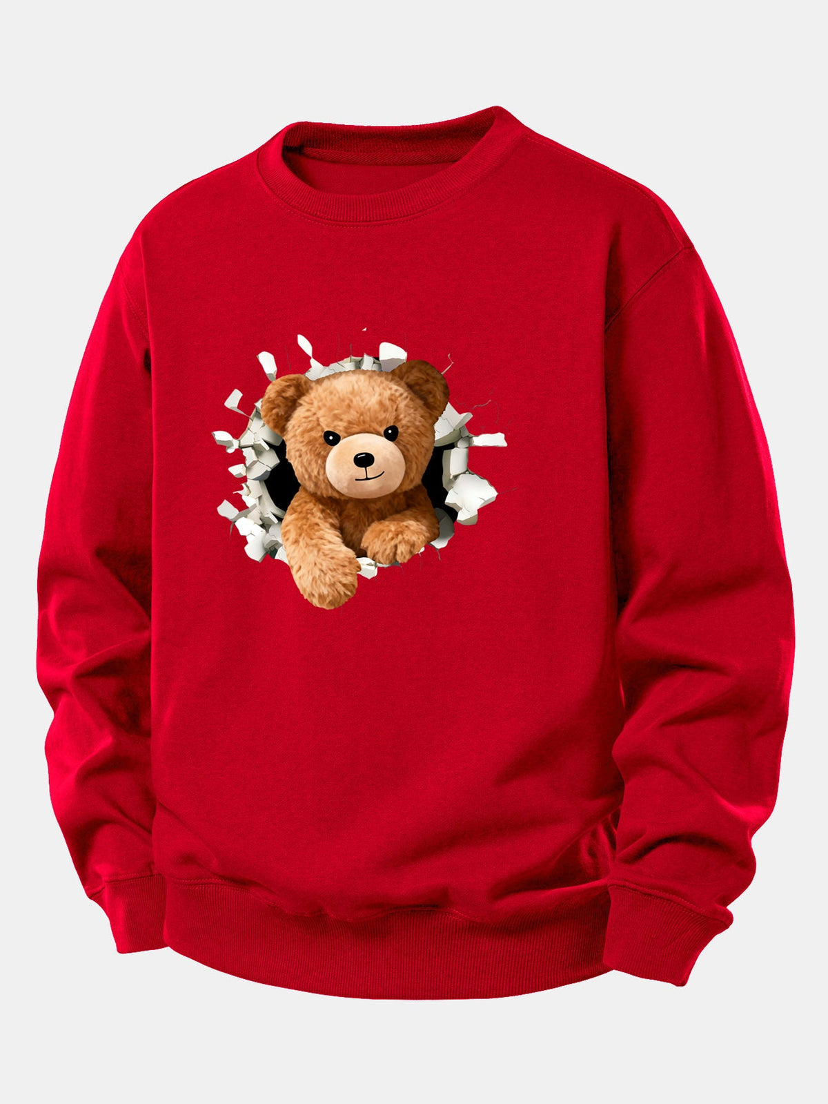 Sweatshirt til mænd med bamse, der bryder gennem en mur – afslappet pasform, bomuldsblanding, rund hals og legende grafik til afslappet streetwear