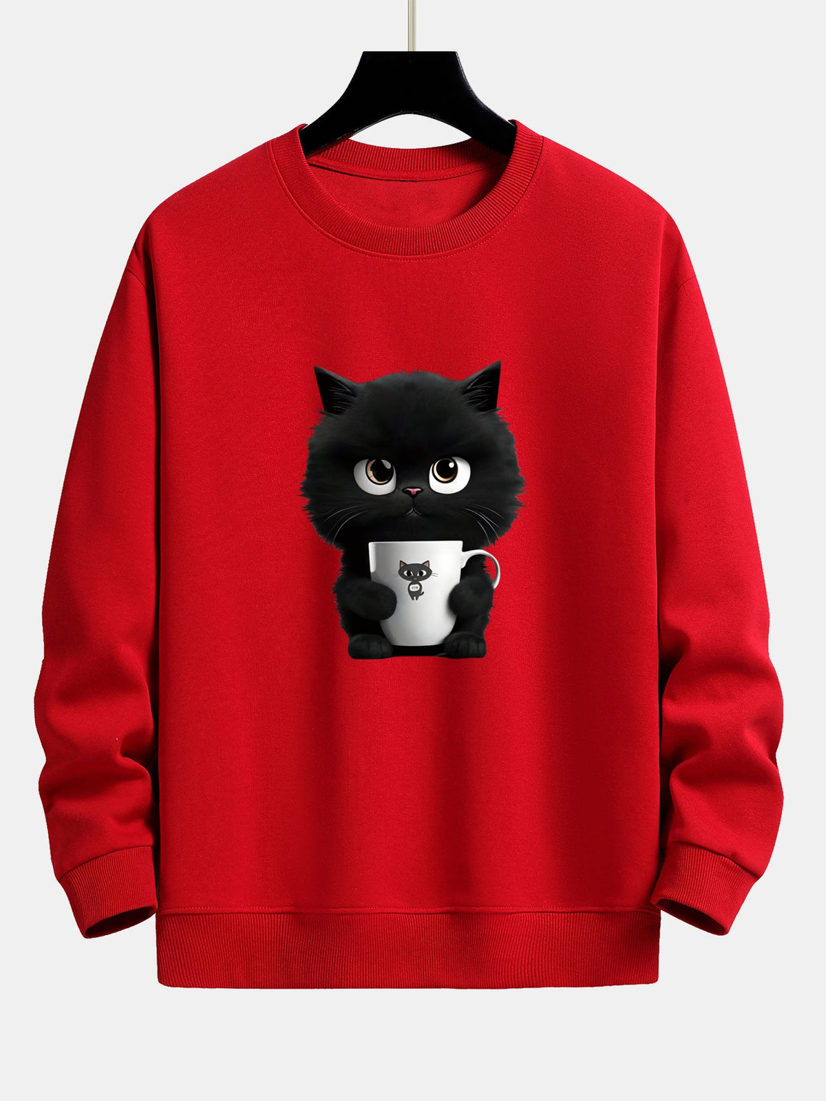 Niedliches Sweatshirt für Herren mit einer Katze, die Kaffee hält – Locker geschnittener Pullover aus Baumwollmischgewebe mit verspielter Kätzchen-Illustration und Rippbündchen