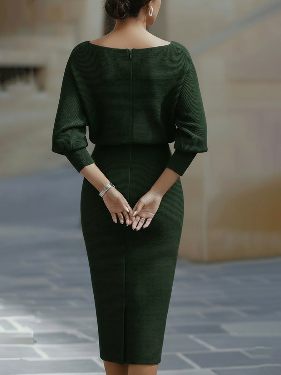 Women’s Draped Neck Midi Bodycon Dress – Batwing Sleeve Wedding Guest Style