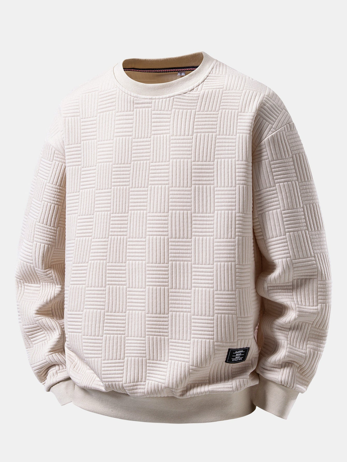 Men's Geometric Jacquard Sweatshirt – Relaxed Fit Raised Basketweave Texture Pullover with Crew Neck and Ribbed Trims