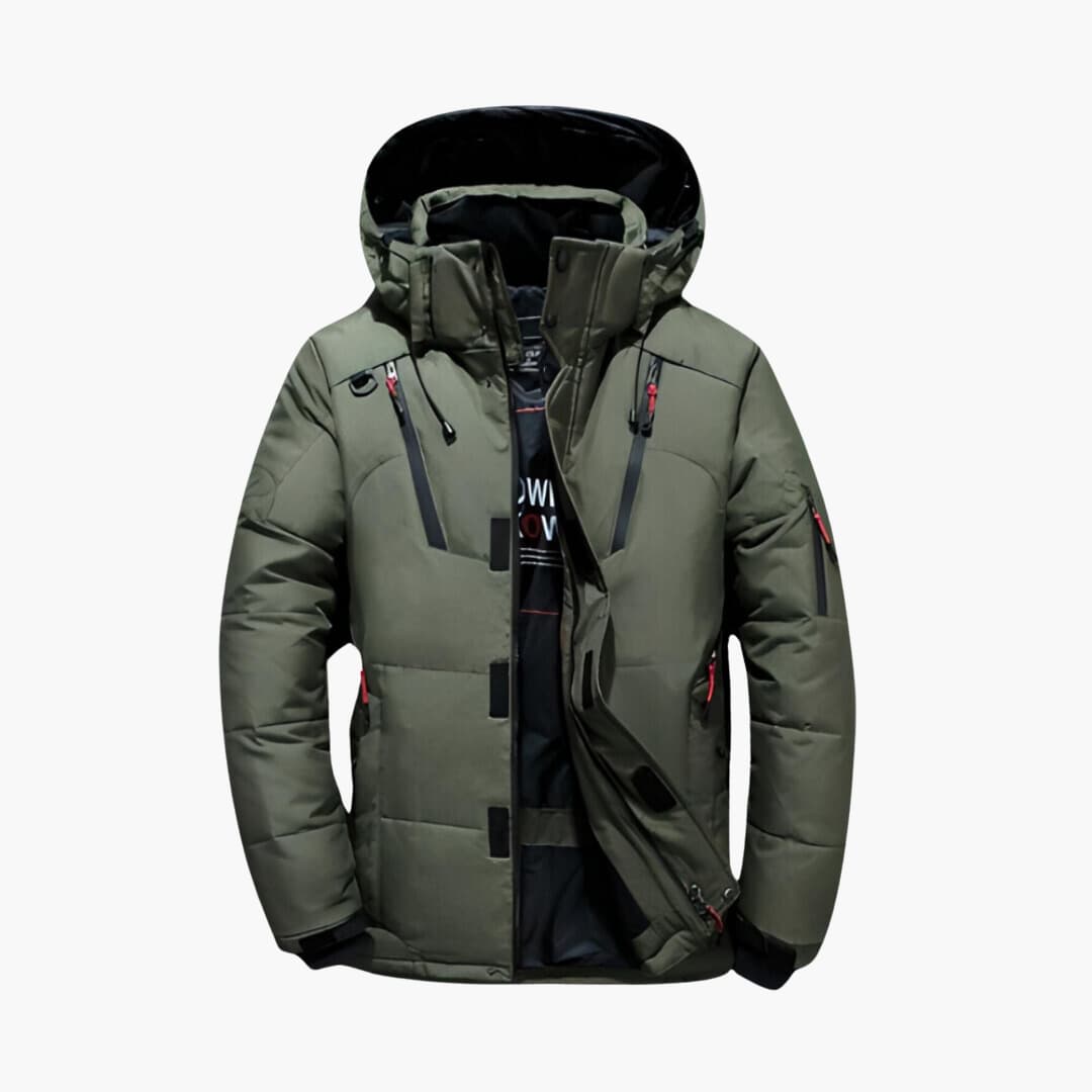 Men’s Weather-Resistant Hooded Down Jacket – Lightweight Insulated Multi-Pocket Layer for Active Winter Wear