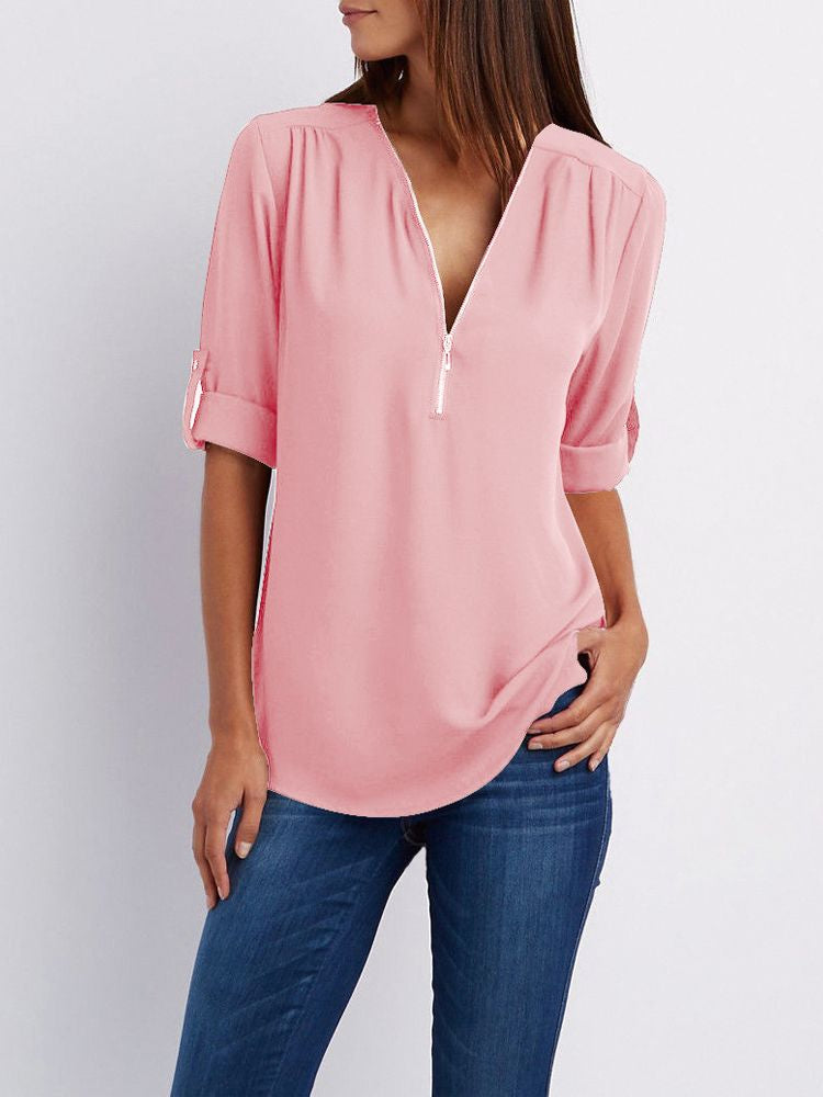 Women’s Zip-Neck Relaxed Blouse – Roll-Tab Sleeve Style for Everyday Wear