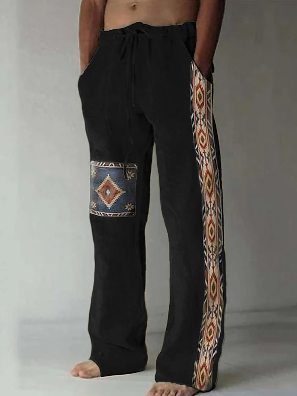 Men’s Patchwork Cotton-Linen Trousers – Relaxed Drawstring Pants for Casual Summer Wear