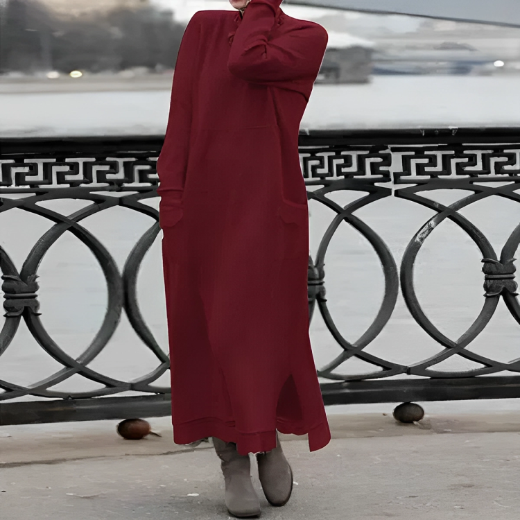 Robe longue en maille à manches longues pour femme – Style décontracté à col montant pour l’automne et l’hiver