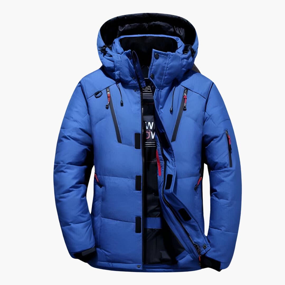 Men’s Weather-Resistant Hooded Down Jacket – Lightweight Insulated Multi-Pocket Layer for Active Winter Wear