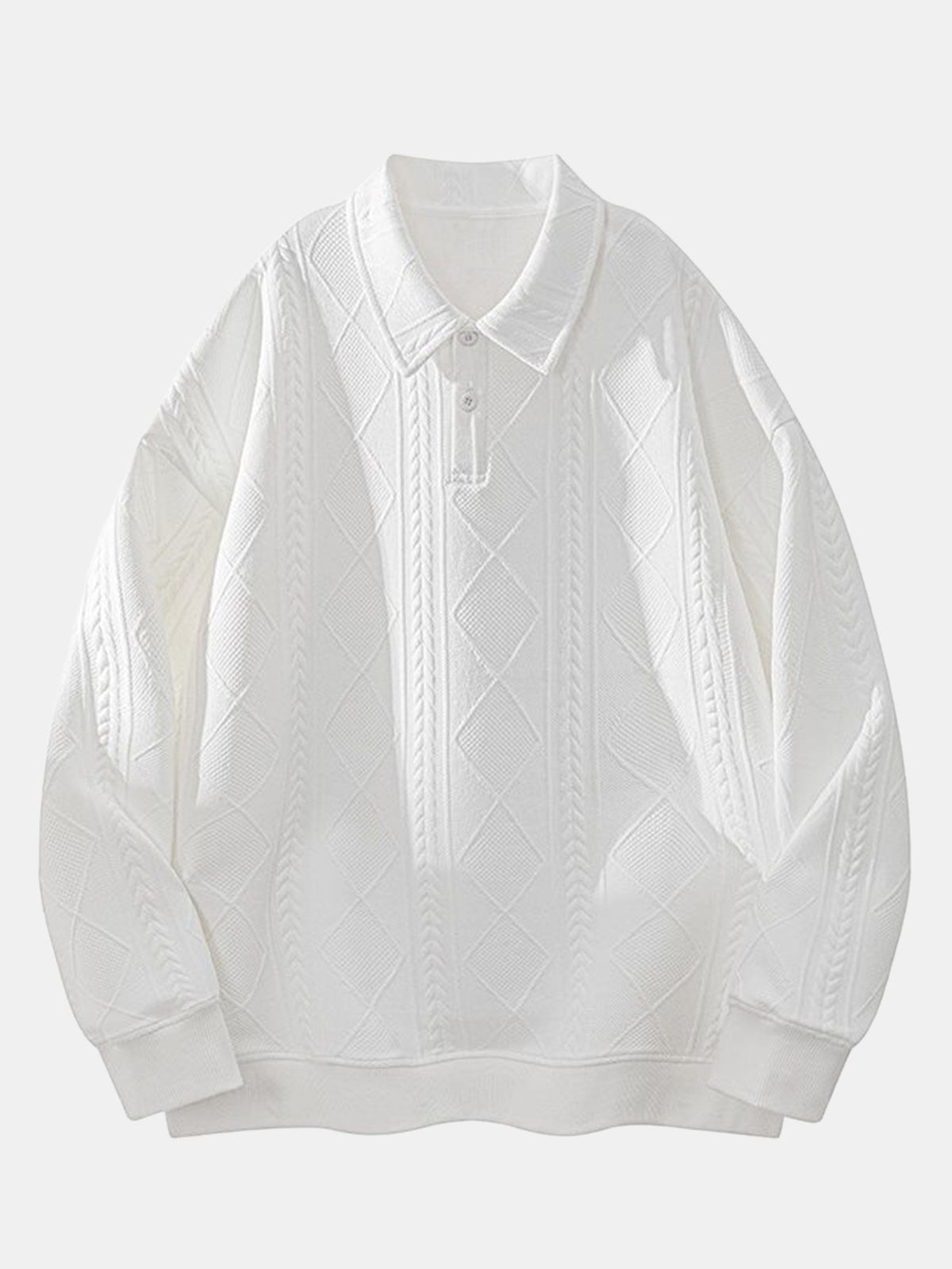 Bluză sport bărbătească cu guler polo și jacquard geometric cu model texturat în romburi – Croială lejeră, model smart casual cu mâneci lungi, de purtat zi de zi