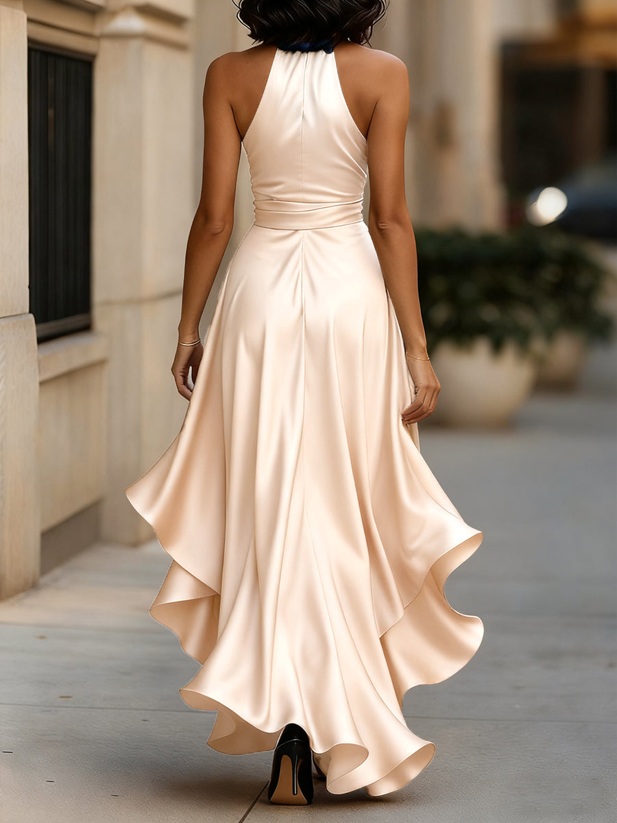 Women’s Satin Halter Evening Dress – Ruched High-Low Maxi Gown with Draped Waist for Weddings Galas and Formal Events