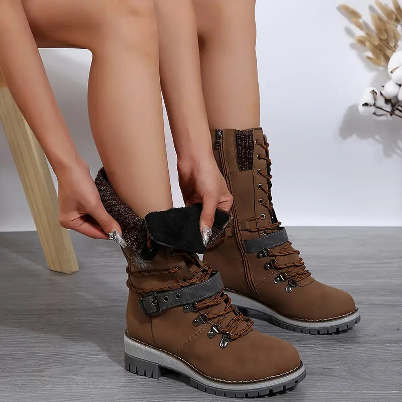 Bottes d’hiver à lacets mi-mollet pour femme - chaussures à fermeture zippée avec revers en tricot et semelle épaisse pour les voyages par temps froid, les promenades du week-end, un style urbain décontracté et un style quotidien hivernal