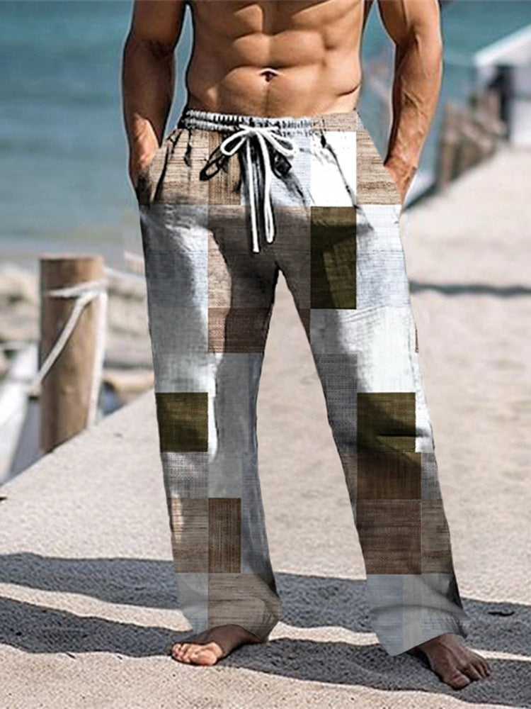 Men’s Patchwork Cotton-Linen Trousers – Relaxed Drawstring Pants for Casual Summer Wear