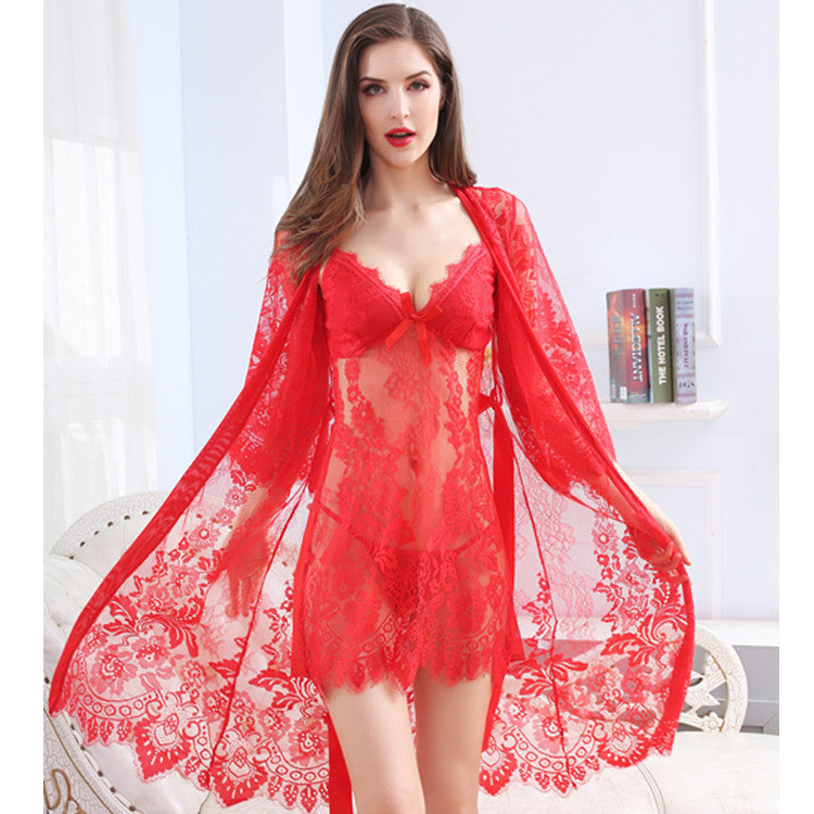Conjunto de lencería babydoll con bata de encaje floral para mujer