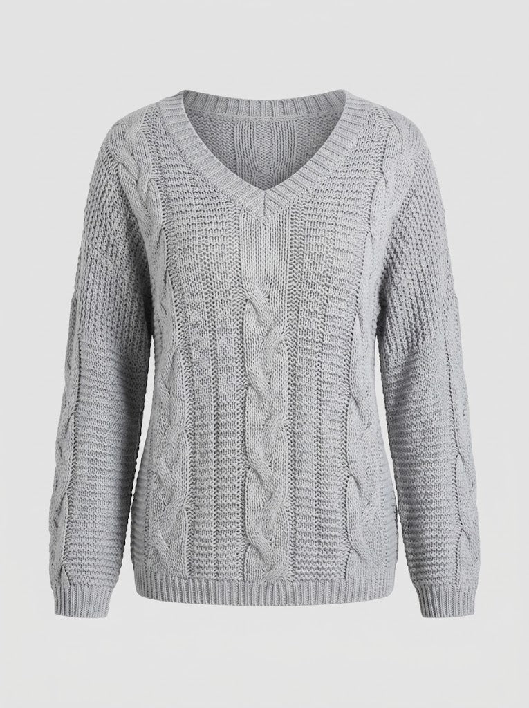 Women’s Off-Shoulder Cable-Knit Sweater – Relaxed V-Neck Pullover for Cosy Seasonal Styling