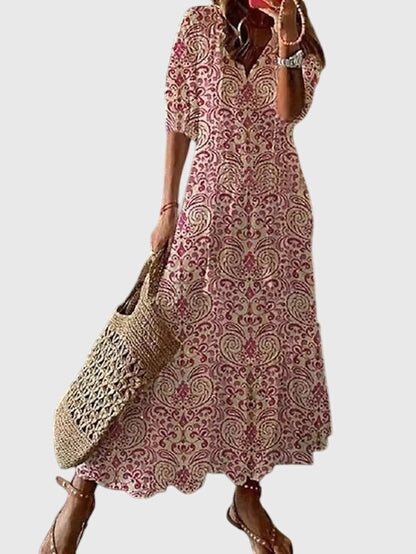 Women’s Printed Boho Maxi Dress – Relaxed V-Neck Summer Style for Holidays and Casual Occasions