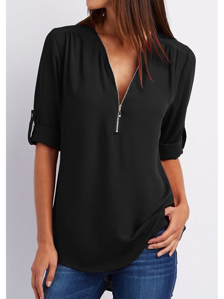 Women’s Zip-Neck Relaxed Blouse – Roll-Tab Sleeve Style for Everyday Wear