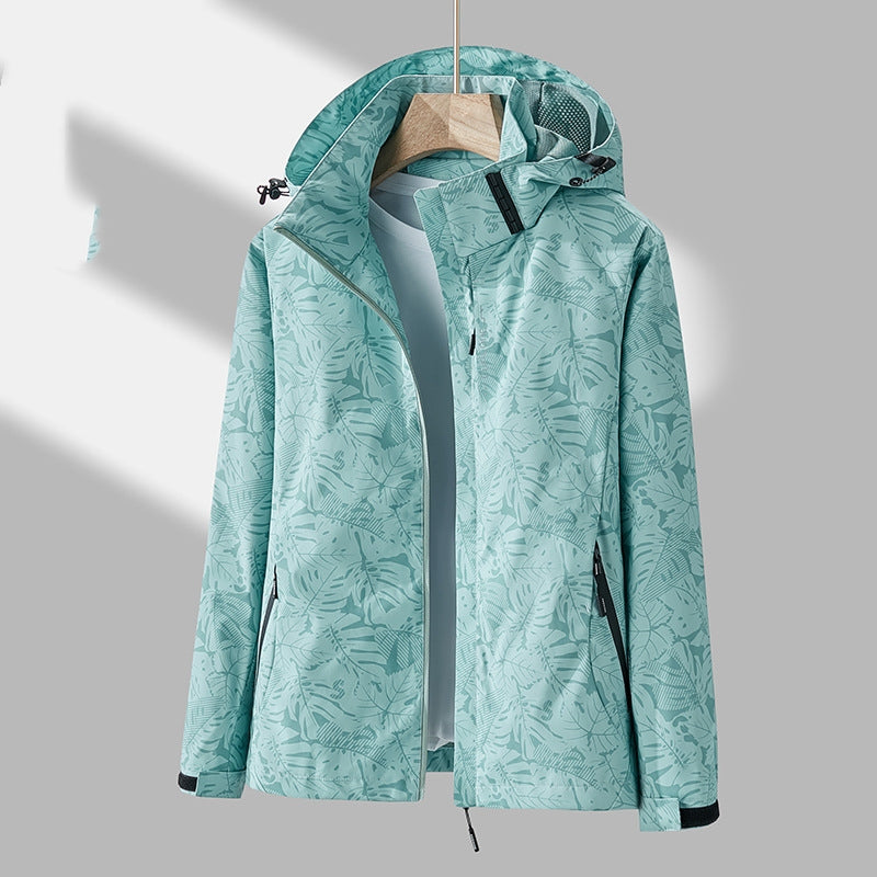 Women's Lightweight Hooded Outdoor Jacket with Printed Design and Adjustable Drawstring Hood – Relaxed Fit Zip-Up Wind Resistant Casual Outerwear with Practical Pockets for Spring and Autumn Walking and Travel