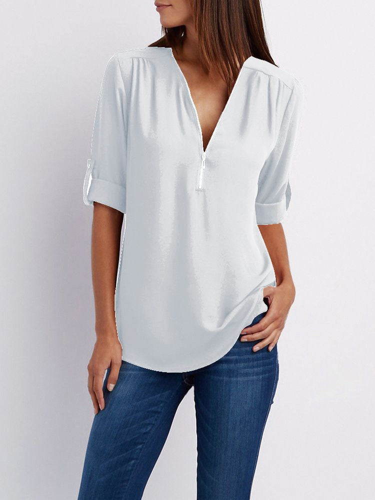 Women’s Zip-Neck Relaxed Blouse – Roll-Tab Sleeve Style for Everyday Wear