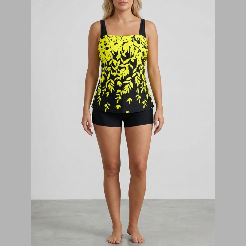 Costum de baie tankini imprimat pentru femei, din două piese - top de baie cu bretele late și decolteu pătrat și pantaloni scurți tip boyshort pentru plajă și piscină