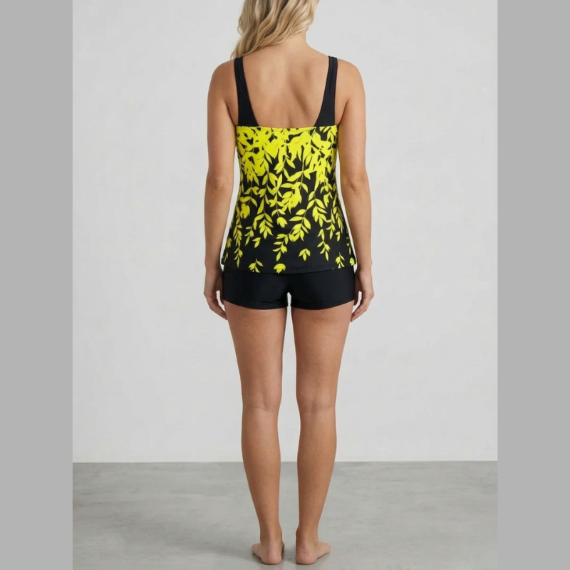 Costum de baie tankini imprimat pentru femei, din două piese - top de baie cu bretele late și decolteu pătrat și pantaloni scurți tip boyshort pentru plajă și piscină