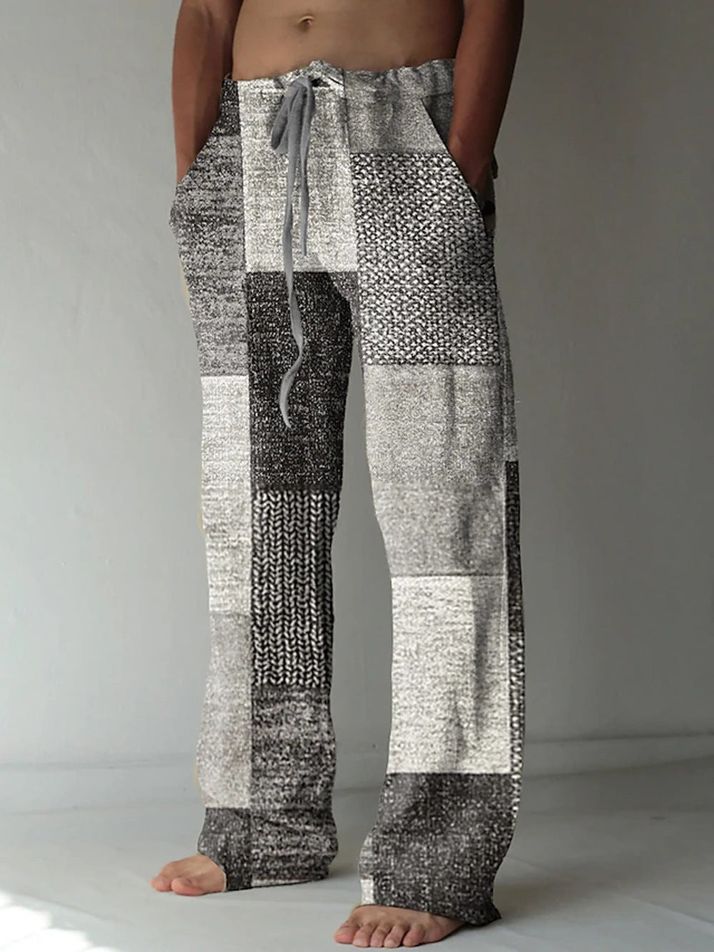 Men’s Patchwork Cotton-Linen Trousers – Relaxed Drawstring Pants for Casual Summer Wear