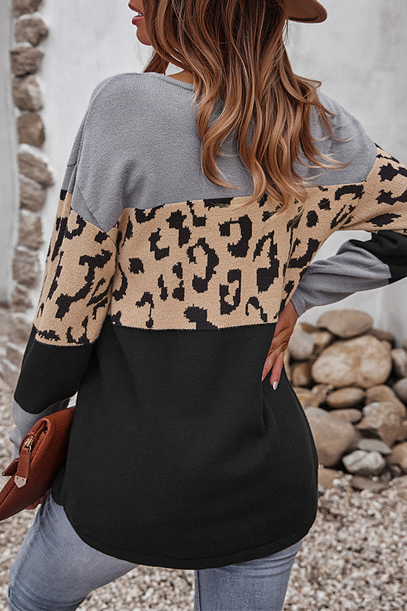 Women’s Leopard Colour-Block Knit Sweater – Relaxed Long-Sleeve Pullover for Stylish Winter Layering