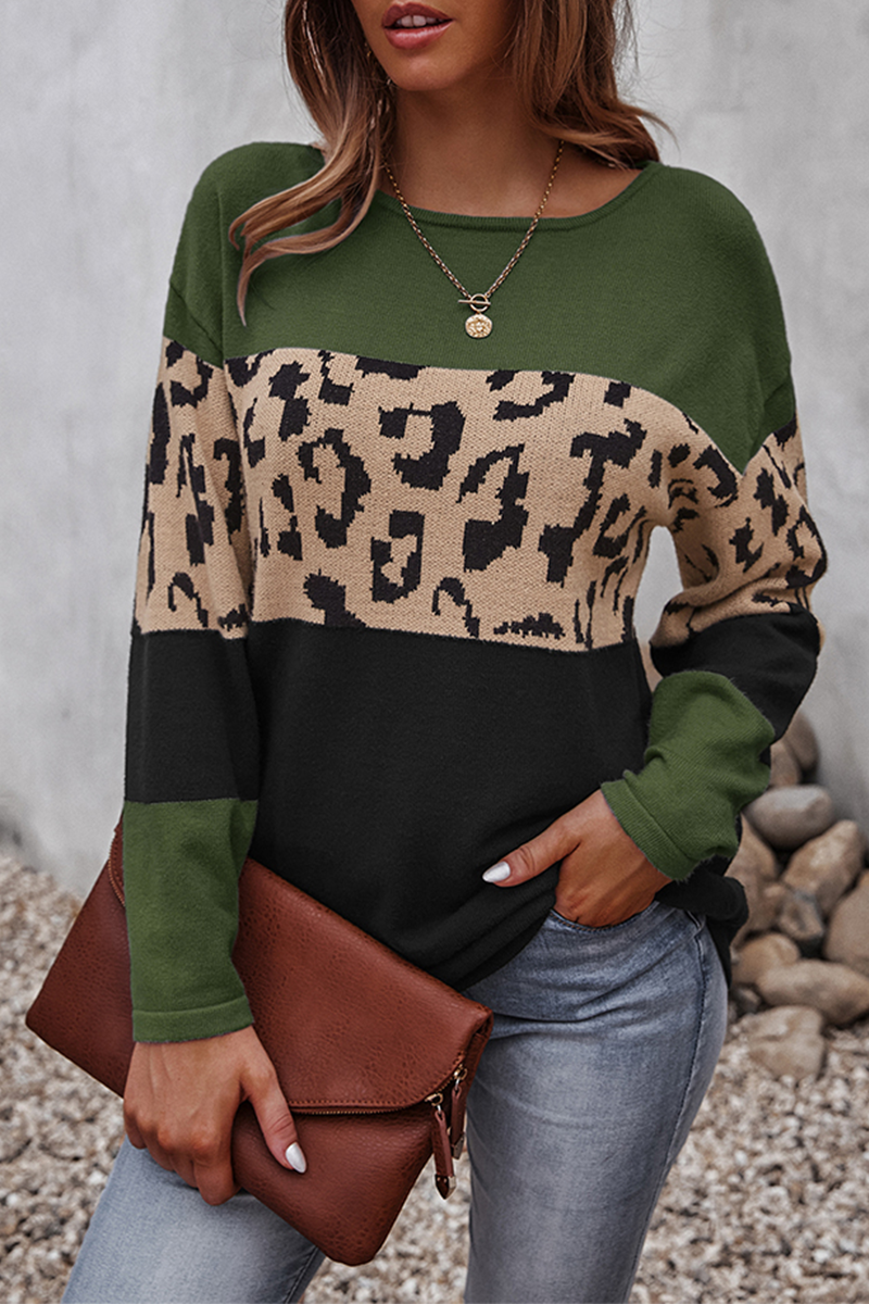 Women’s Leopard Colour-Block Knit Sweater – Relaxed Long-Sleeve Pullover for Stylish Winter Layering