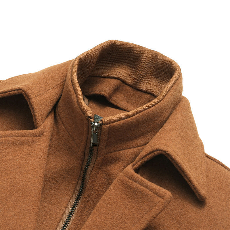 Men’s Wool Winter Coat – Stand-Collar Button-Front Overcoat with Zip Closure and Utility Pockets for Cold-Weather Wear