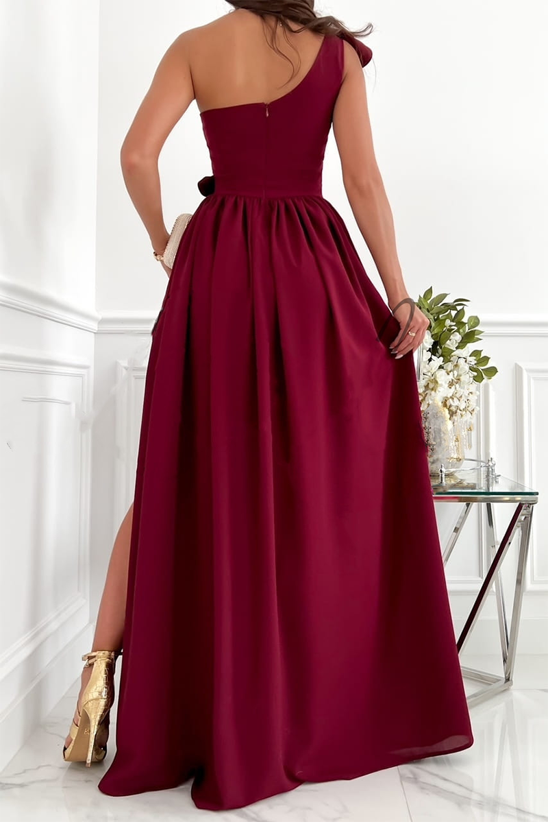 Women’s One Shoulder Ruffle Maxi Dress with Thigh Split – Defined Waist Gown for Weddings and Formal Evenings