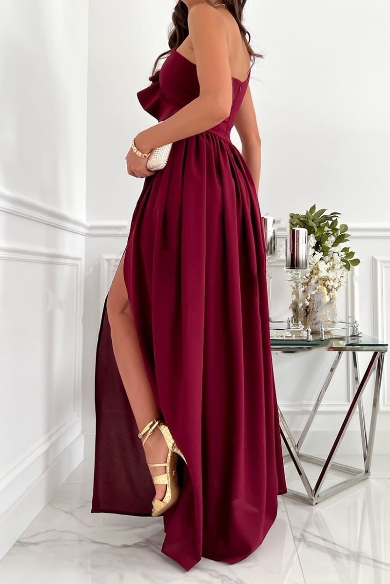 Women’s One Shoulder Ruffle Maxi Dress with Thigh Split – Defined Waist Gown for Weddings and Formal Evenings