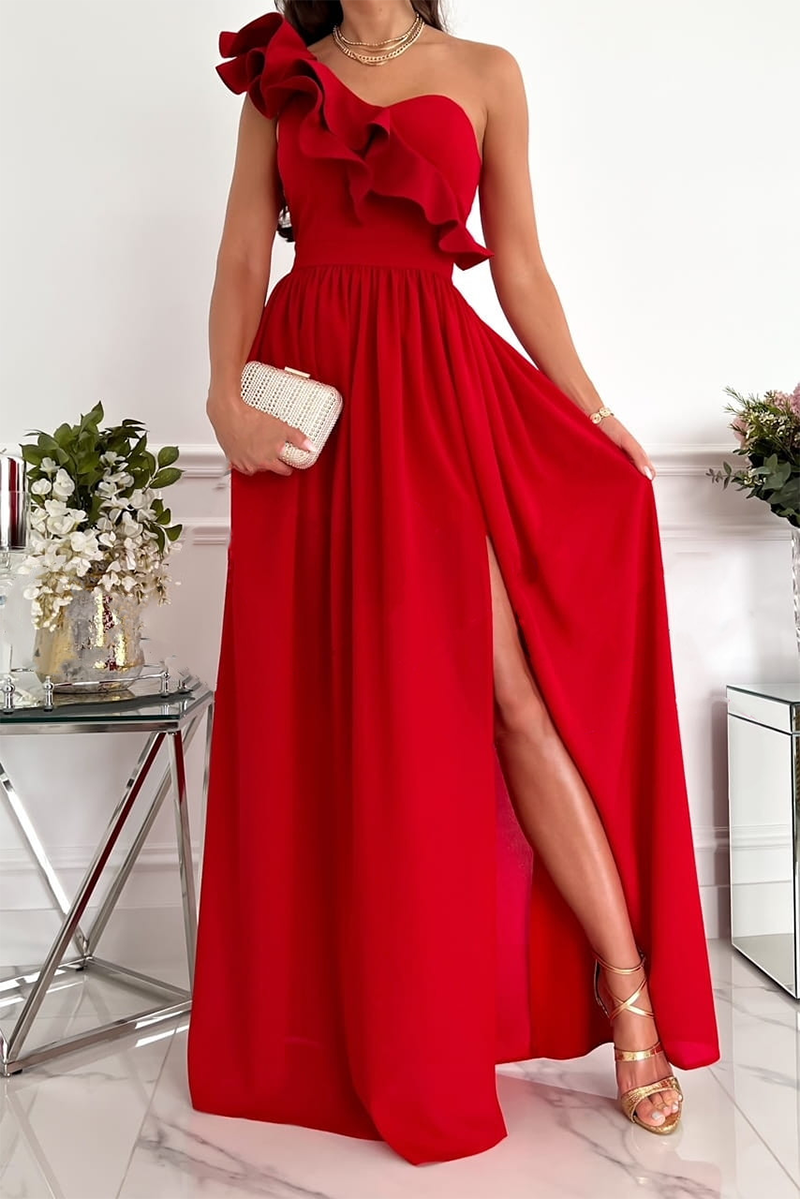 Women’s One Shoulder Ruffle Maxi Dress with Thigh Split – Defined Waist Gown for Weddings and Formal Evenings