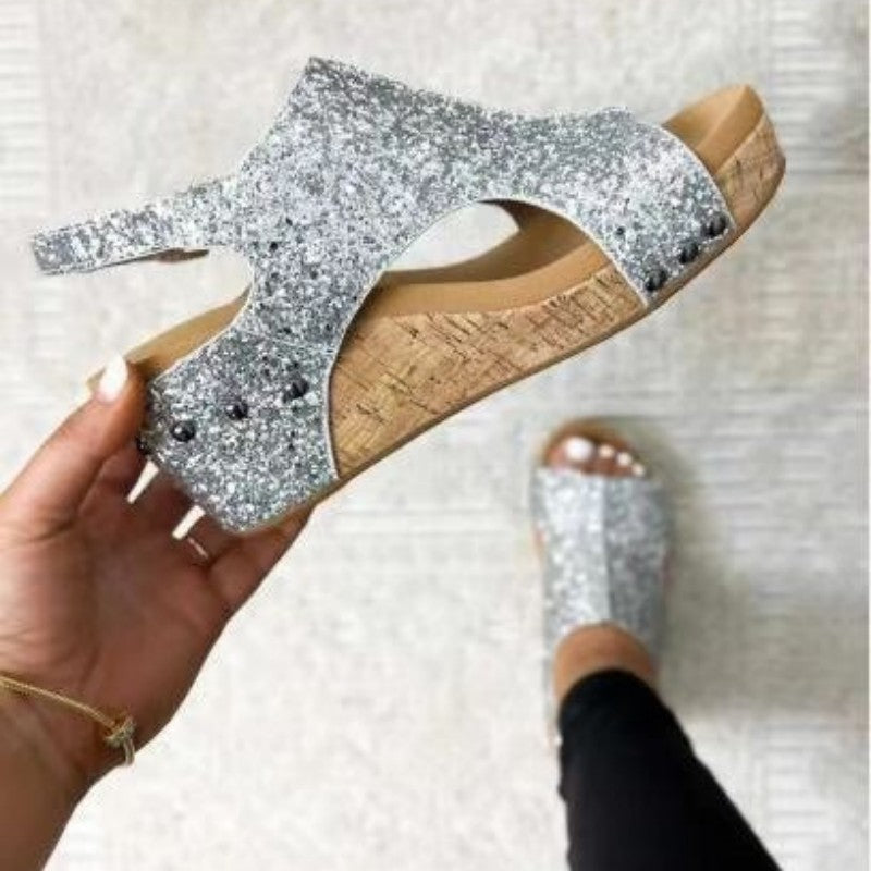 Women’s Glitter Wedge Sandals – Peep-Toe Cut-Out Platform Shoes with Slingback Strap for Summer Parties and Occasion Wear