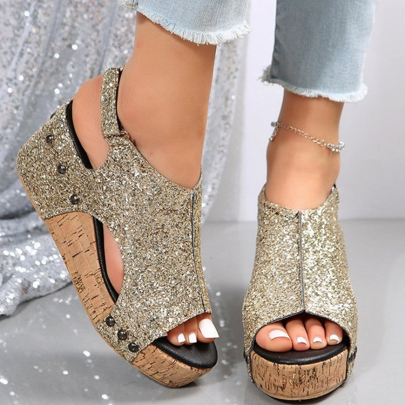 Women’s Glitter Wedge Sandals – Peep-Toe Cut-Out Platform Shoes with Slingback Strap for Summer Parties and Occasion Wear