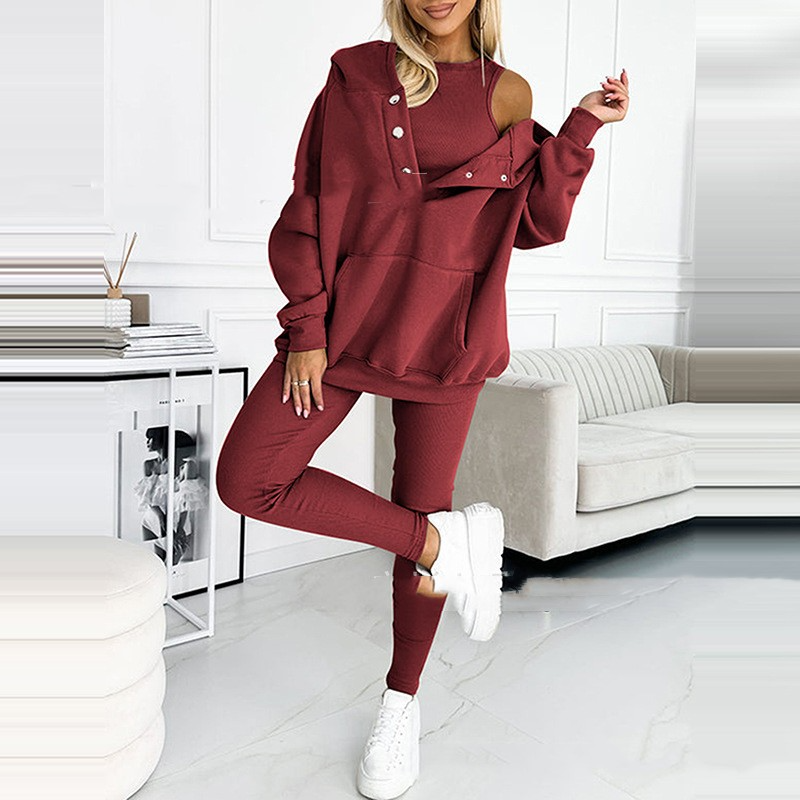 Completo da donna con felpa con cappuccio e leggings - morbido abbigliamento da casa composto da due pezzi, per casa, viaggi e uso quotidiano