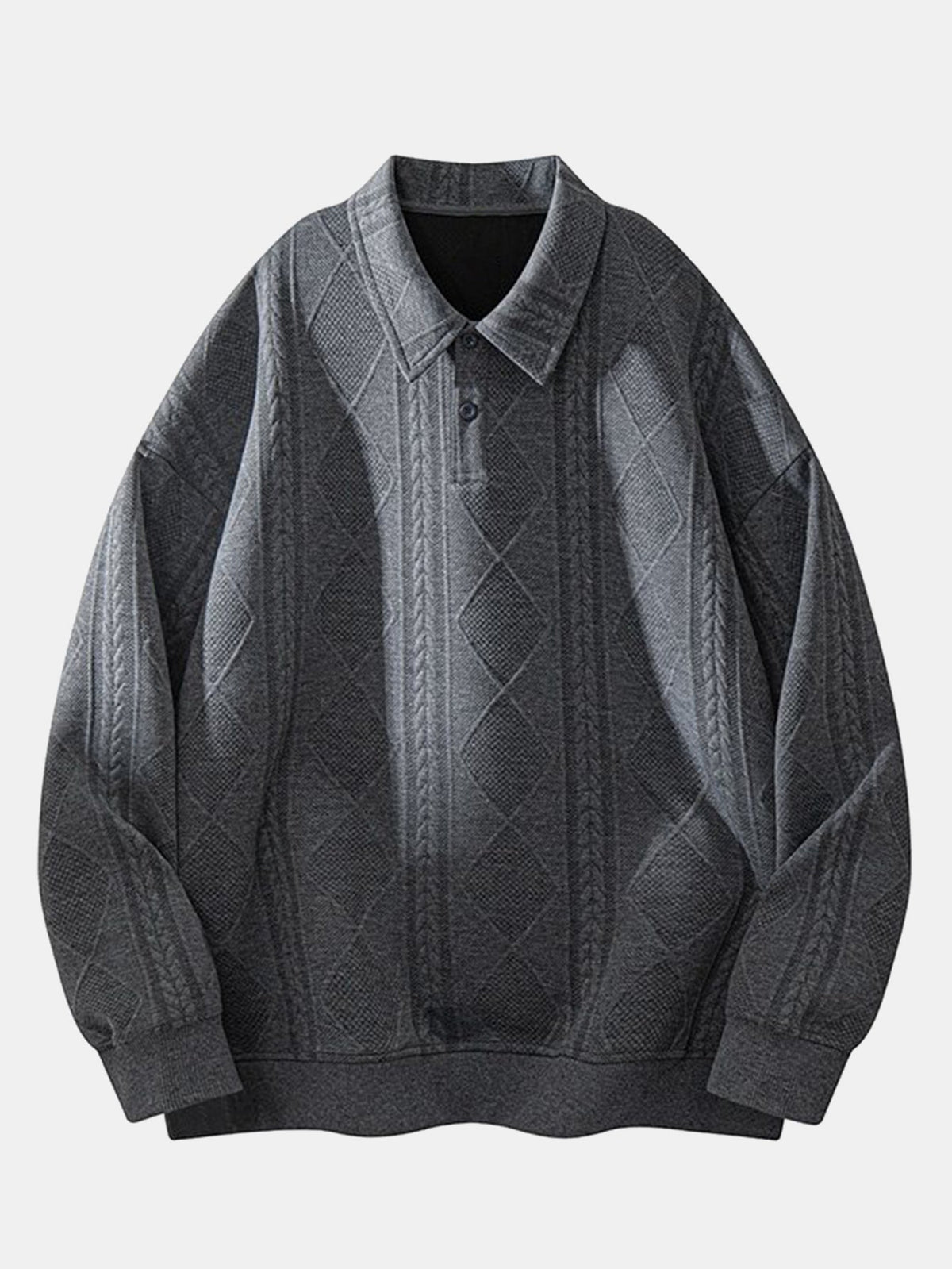 Bluză sport bărbătească cu guler polo și jacquard geometric cu model texturat în romburi – Croială lejeră, model smart casual cu mâneci lungi, de purtat zi de zi