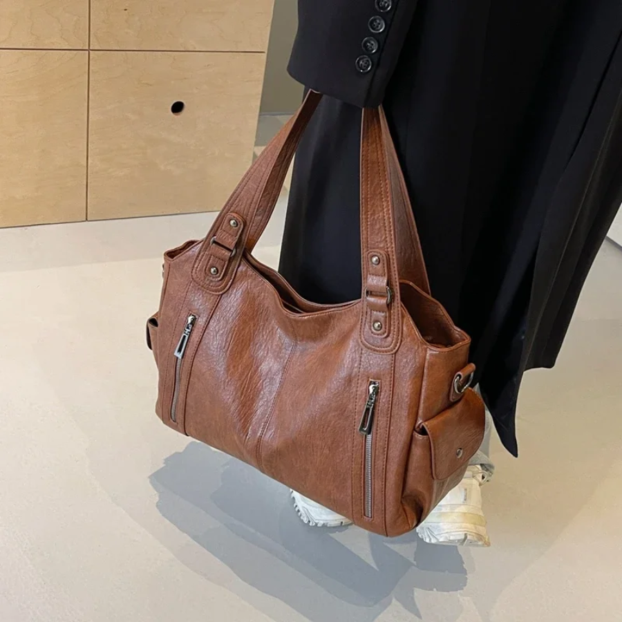 Borsa a spalla da donna con doppi manici e tracolla lunga - Tasche frontali con zip, ideale per tutti i giorni