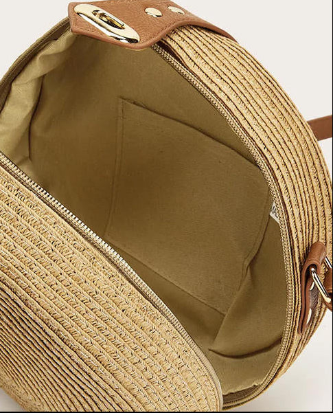 Women’s Woven Straw Crossbody Bag – Round Summer Shoulder Purse with Adjustable Long Strap