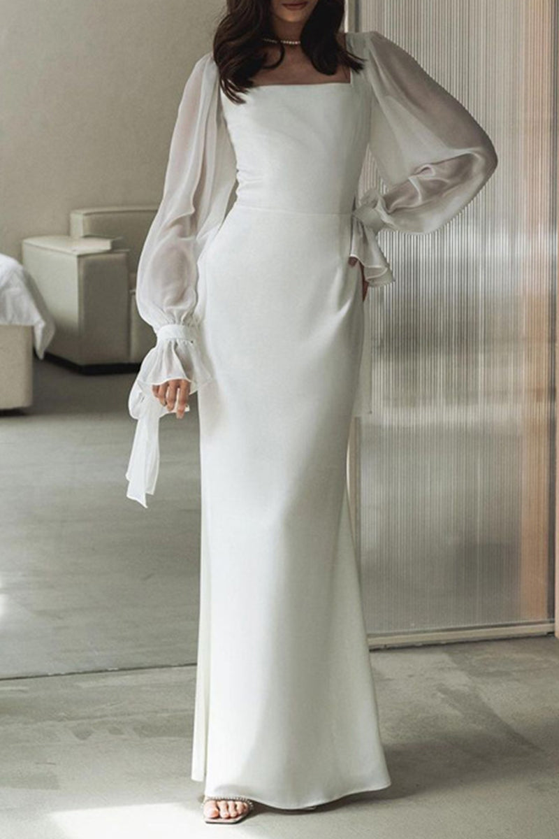 Abito lungo da donna con scollo quadrato e maniche lunghe trasparenti – Polsini con fiocco per occasioni eleganti