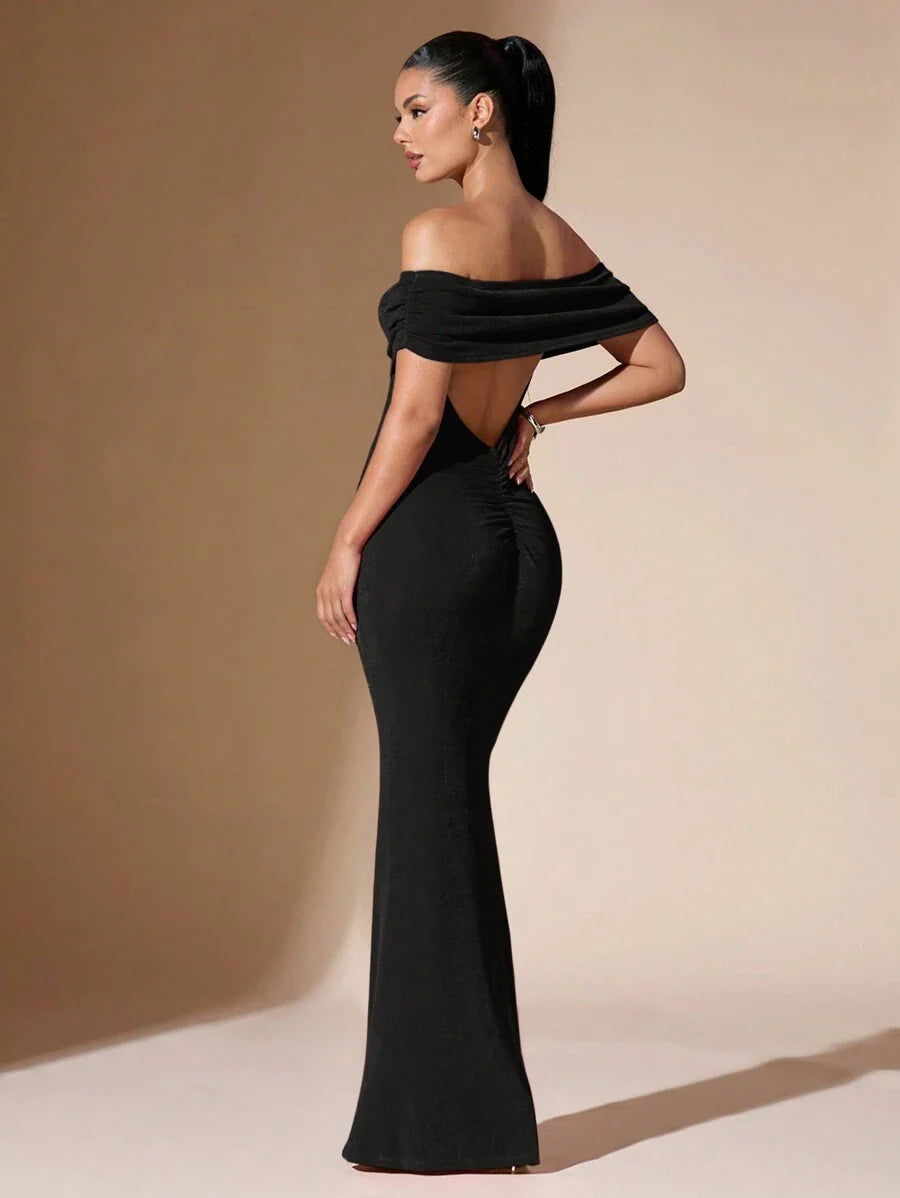 Vestido largo de mujer con hombros descubiertos y espalda fruncida, vestido de noche