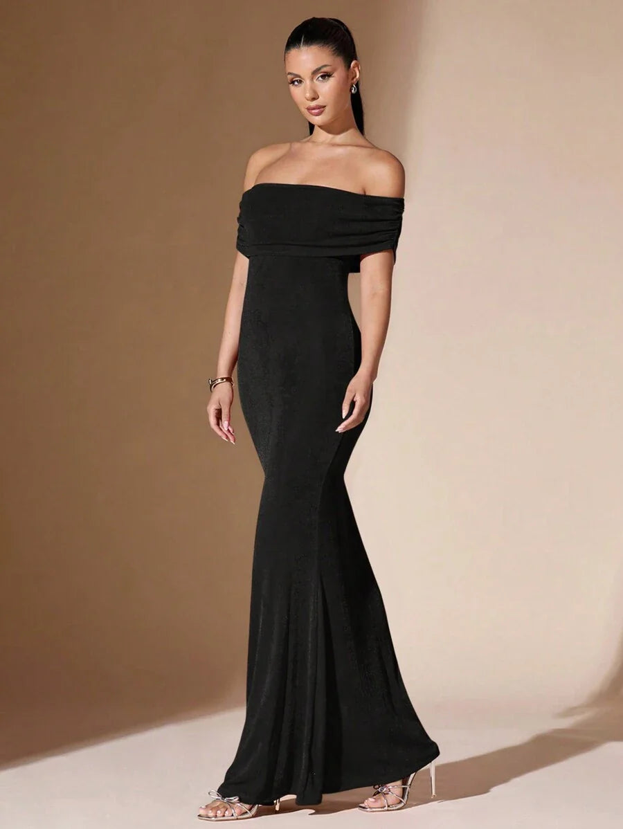 Vestido largo de mujer con hombros descubiertos y espalda fruncida, vestido de noche
