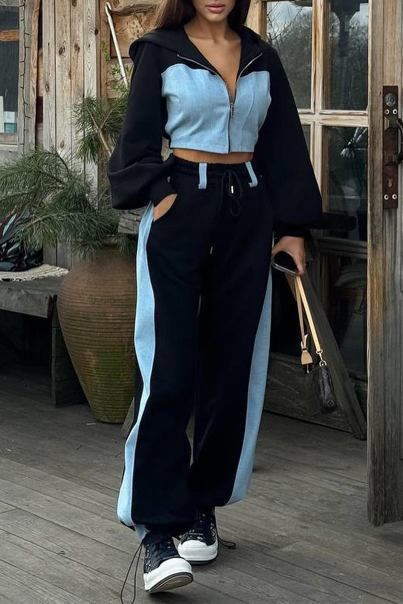 Women’s Hooded Zip Jacket and Wide-Leg Track Pant Set – Contrast Panel Streetwear