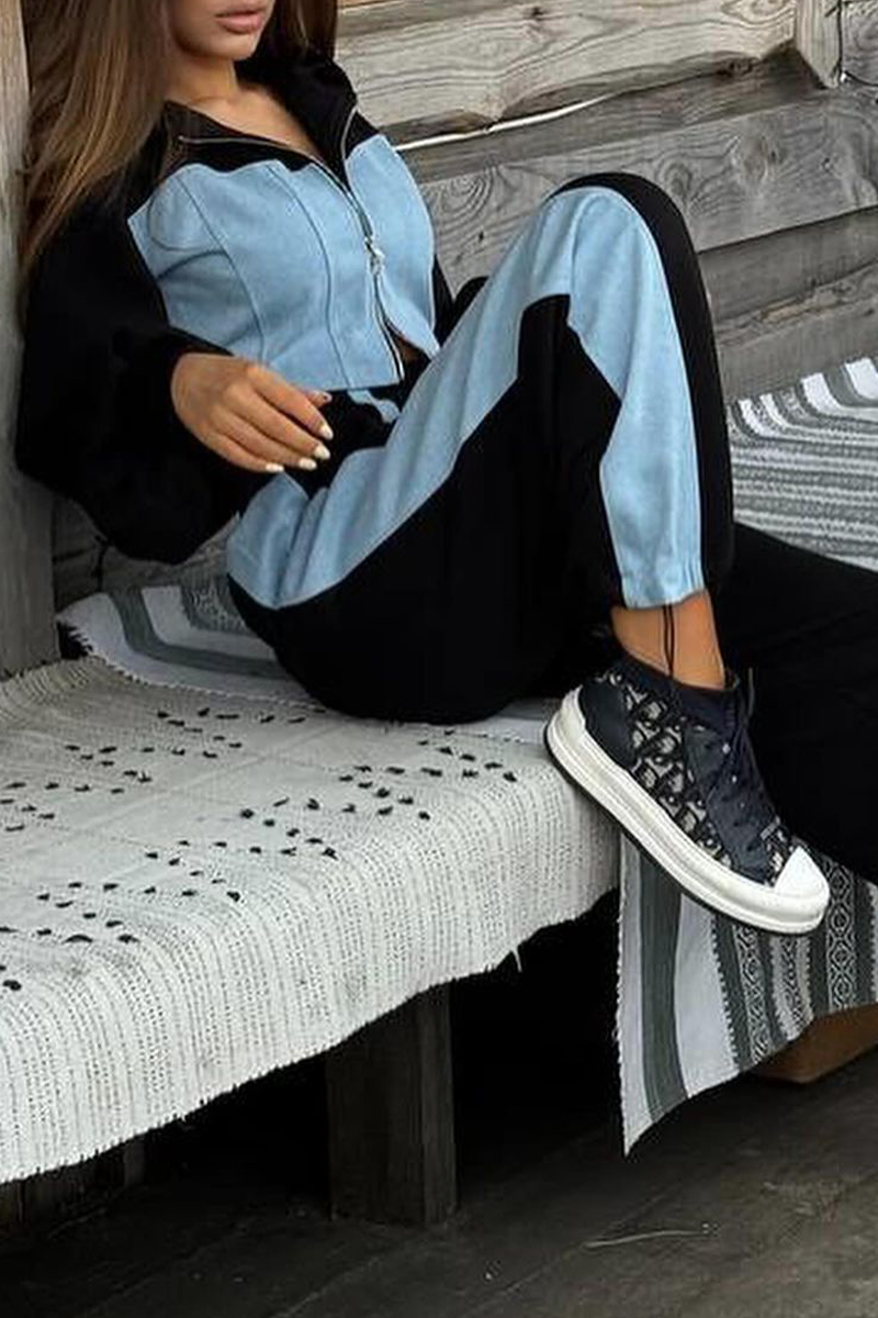 Women’s Hooded Zip Jacket and Wide-Leg Track Pant Set – Contrast Panel Streetwear