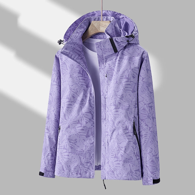 Women's Lightweight Hooded Outdoor Jacket with Printed Design and Adjustable Drawstring Hood – Relaxed Fit Zip-Up Wind Resistant Casual Outerwear with Practical Pockets for Spring and Autumn Walking and Travel