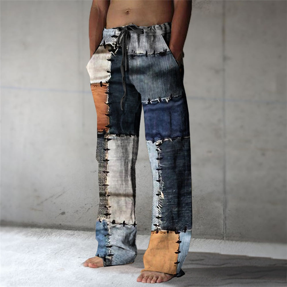 Men’s Patchwork Cotton-Linen Trousers – Relaxed Drawstring Pants for Casual Summer Wear