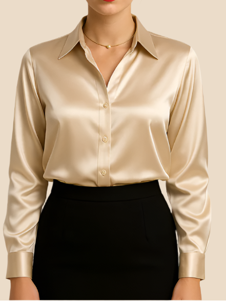 Damessatijnen shirt met knoopsluiting aan de voorkant en klassieke kraag - soepel vallend en met lange mouwen voor werk en avondkleding