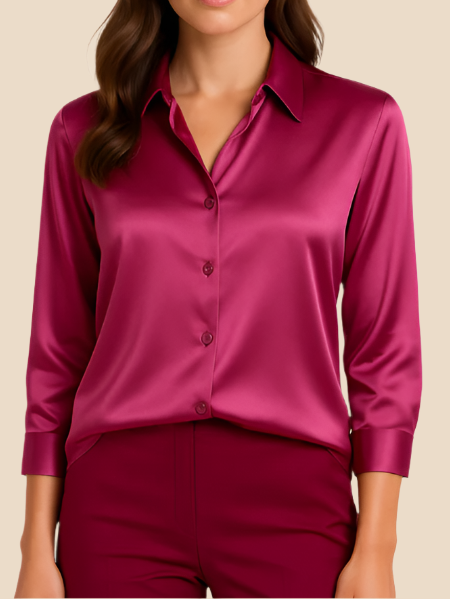 Damessatijnen shirt met knoopsluiting aan de voorkant en klassieke kraag - soepel vallend en met lange mouwen voor werk en avondkleding