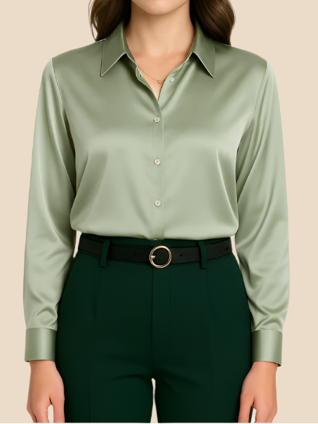 Damessatijnen shirt met knoopsluiting aan de voorkant en klassieke kraag - soepel vallend en met lange mouwen voor werk en avondkleding