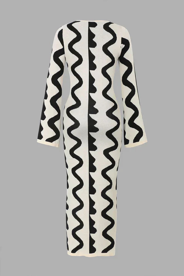 Elegant Wave Pattern Knitted Dress for Women – Stylish Spring Outfit Soft Comfortable Fabric- Balck White Colour- Feminine Modern Design